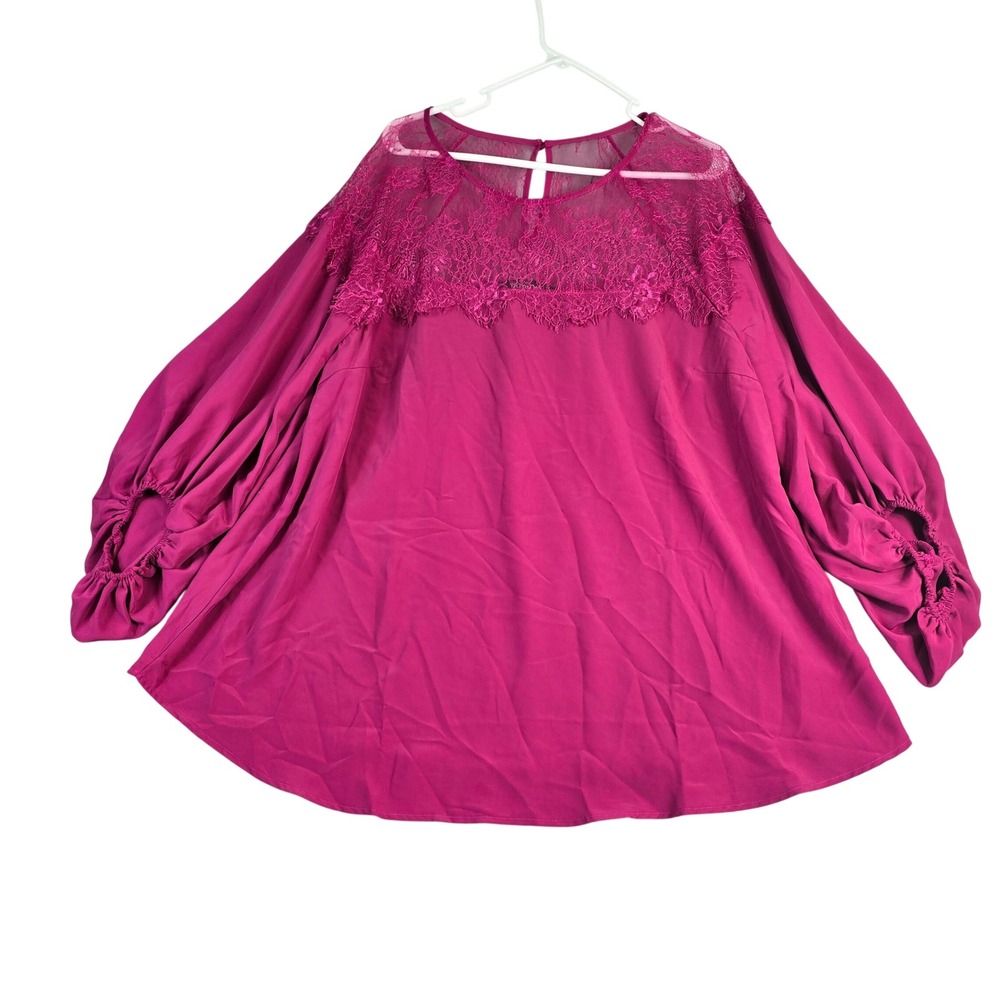 Davi & Dani Lace Yoke Blouse Womens 1XL Magenta Balloon Sleeve Elastic Cuffs New